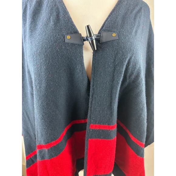 Lauren Ralph Lauren Intarsia Knit Two Tone Poncho Navy Blue Red Toggle Sz L/XL - Picture 7 of 16